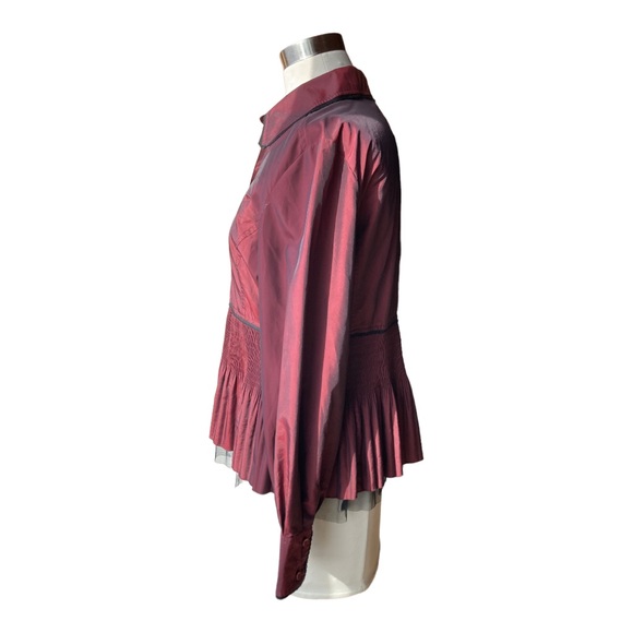 Coldwater Creek iridescent button down collared blouse in a cranberry shade. - Picture 2 of 7